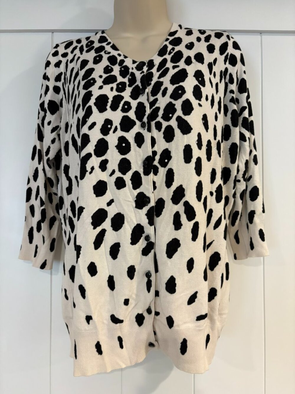 Cyrus animal print cardigan sweater, ivory and black with rhinestone accents, L